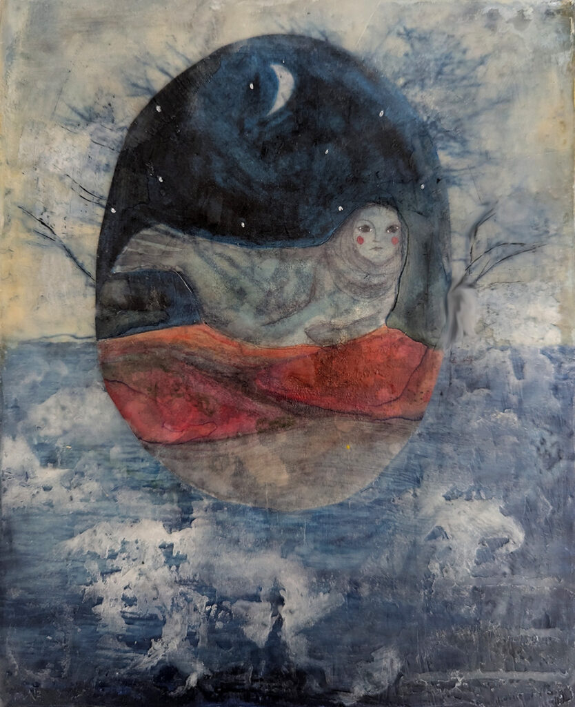 "Between Two Worlds" is an encaustic mixed media piece by Bridgette Guerzon Mills