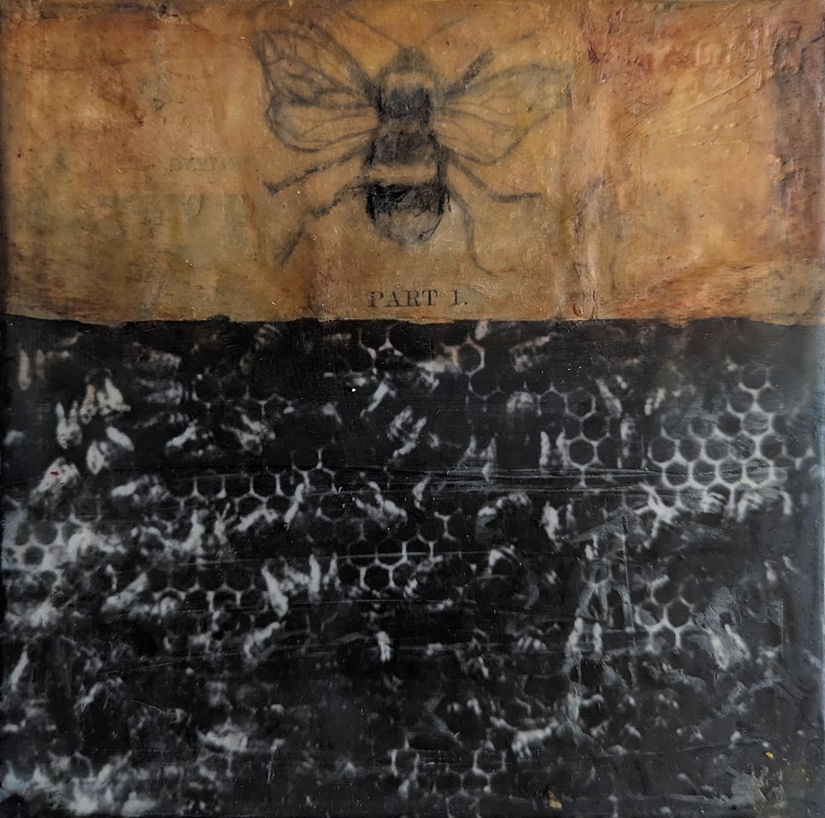 Part I is an encaustic mixed media piece by Bridgette Guerzon Mills