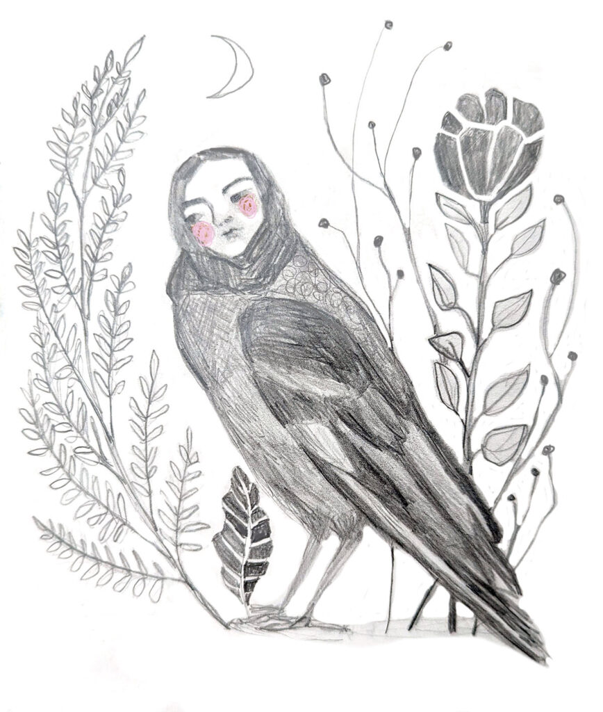 Crow Bird Woman is a drawing by Bridgette Guerzon Mills