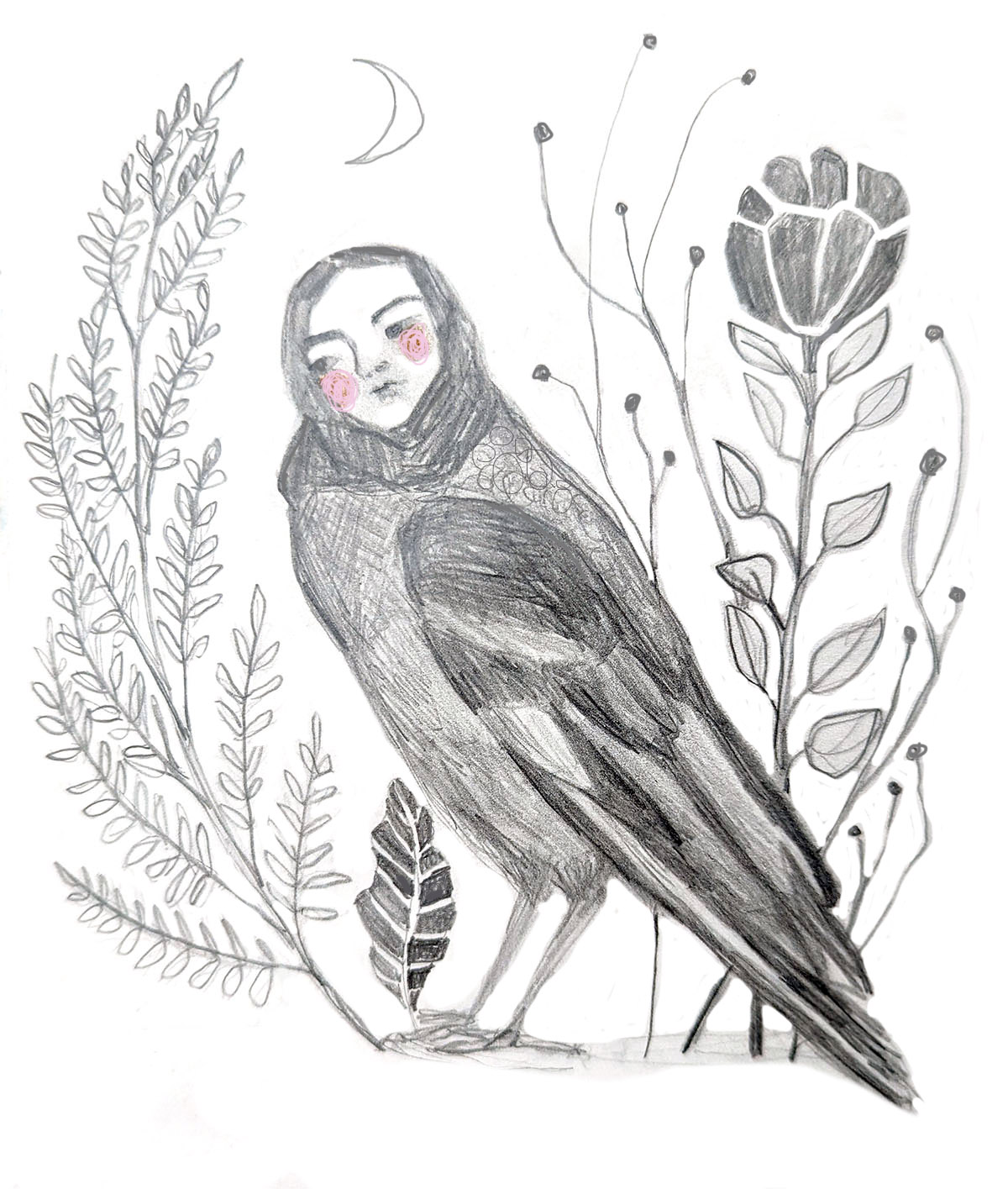 Crow Bird Woman is a drawing by Bridgette Guerzon Mills