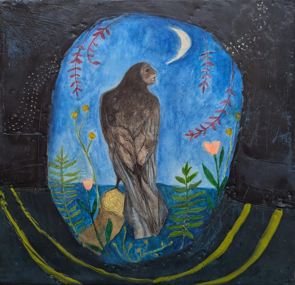 Raven Woman: In the Threshold, encaustic mixed media painting by Bridgette Guerzon Mills.
