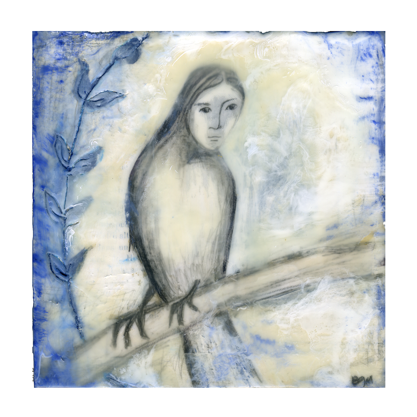Bird Girl is an encaustic mixed media painting by Bridgette Guerzon Mills, 2006