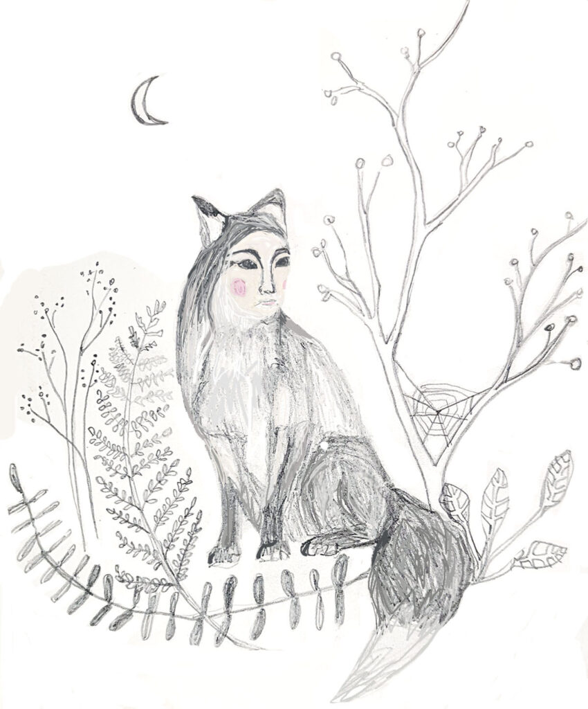 Fox Woman is a drawing by Bridgette Guerzon Mills