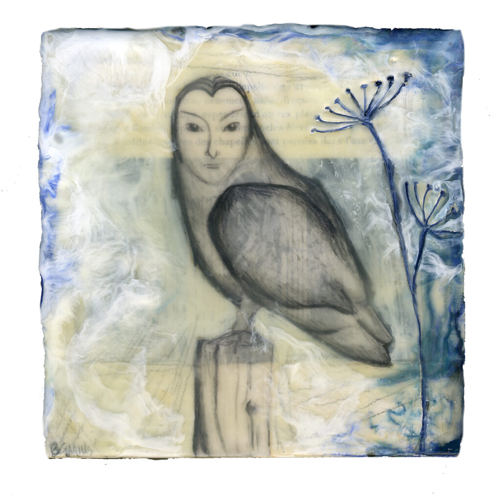 Owl Girl is an encaustic mixed media painting by Bridgette Guerzon Mills