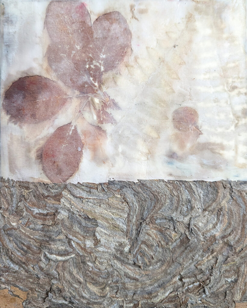 "Resurfacing", encaustic, ecoprint, and hornet nest paper on panel, by Bridgette Guerzon Mills