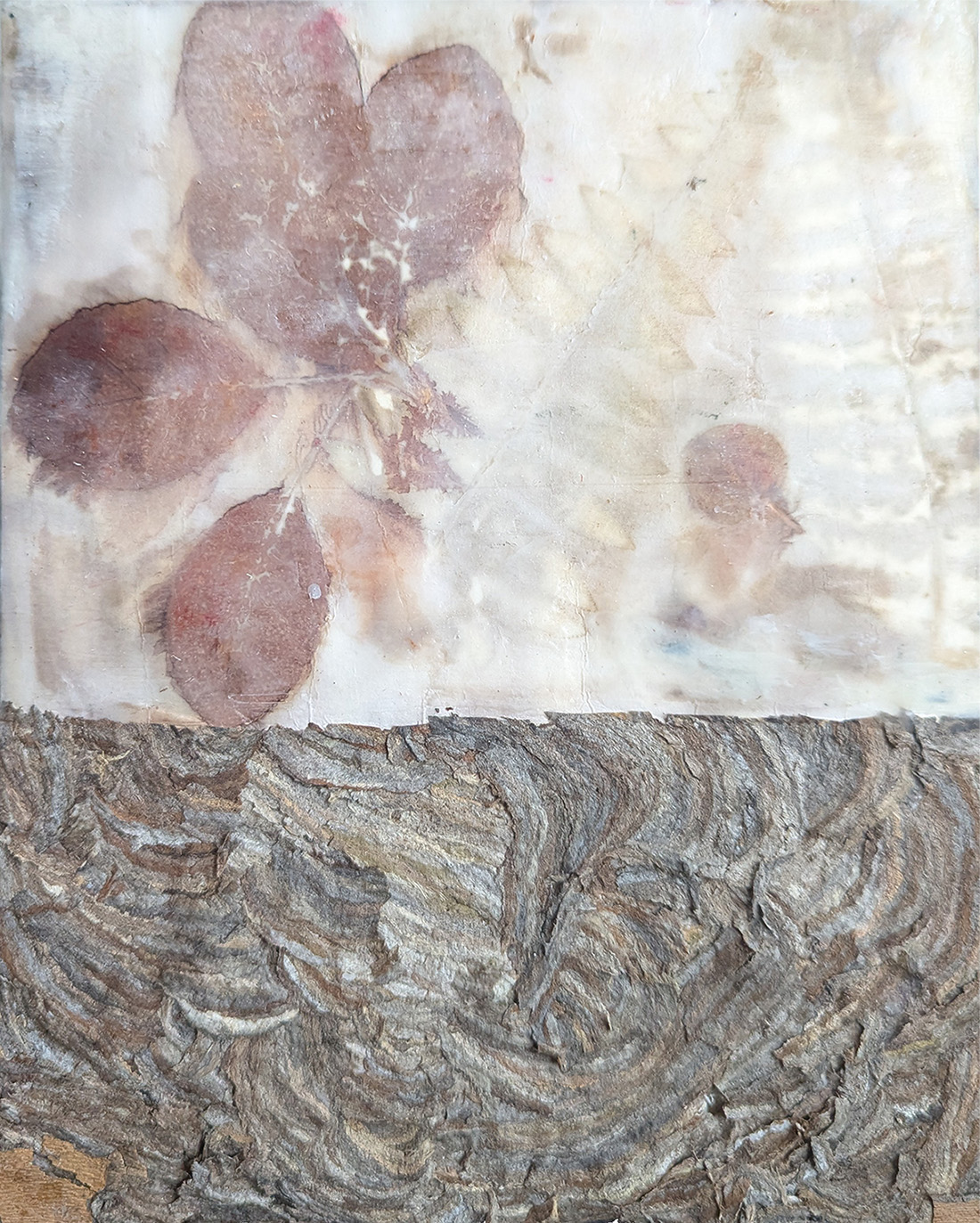 "Resurfacing", encaustic, ecoprint, and hornet nest paper on panel, by Bridgette Guerzon Mills