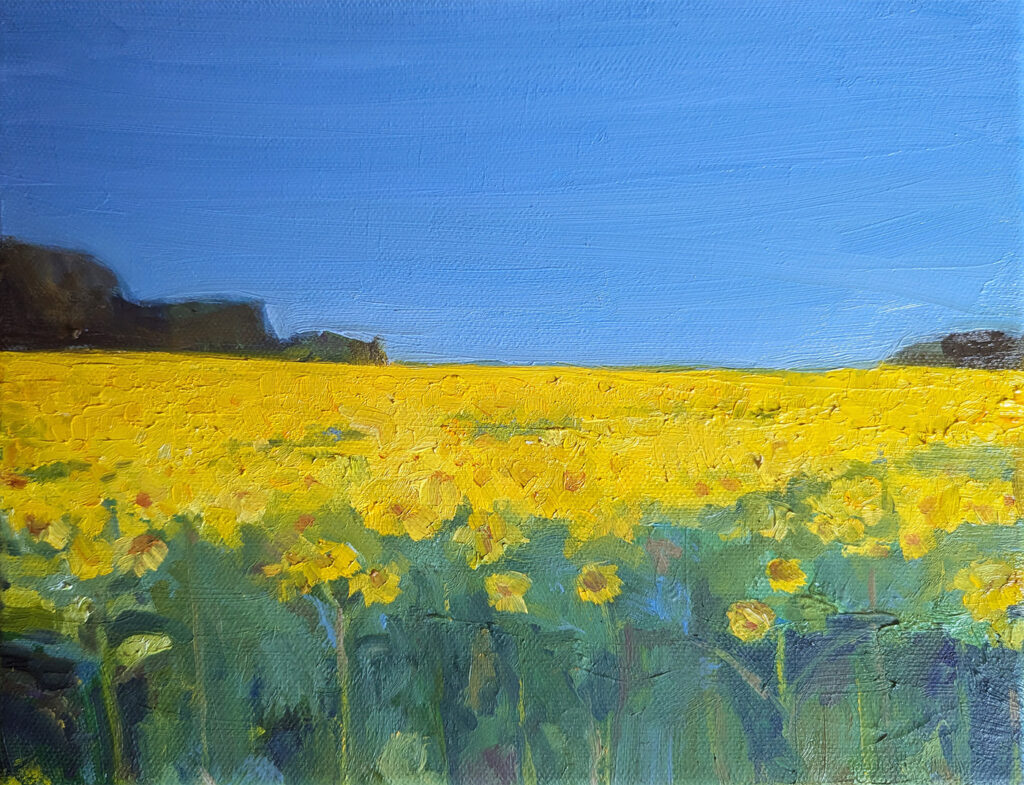 "Sunflower Field" is an oil painting by Bridgette Guerzon Mills